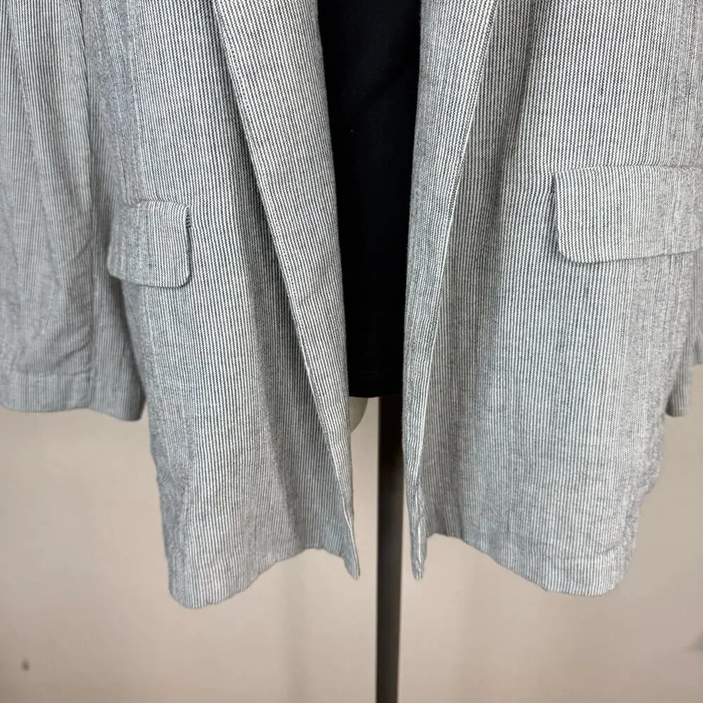 EILEEN FISHER Organic Cotton Linen Blend Open Front Jacket Black White Stripe XL
